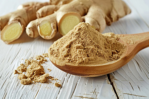 Ground dry ginger in wooden spoon on white wooden background, a Food & Drink Photo by AlyaAnd