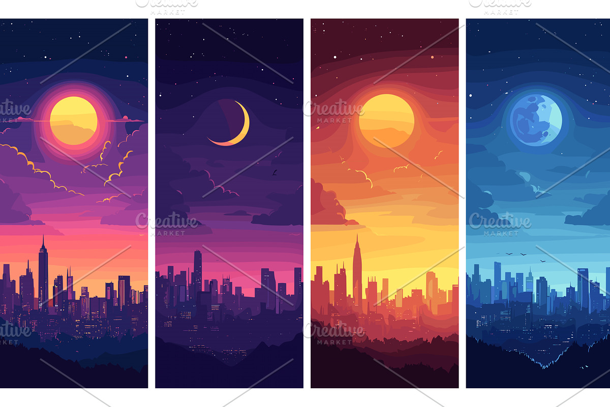 Cityscapes day night sunset cartoon, an Object Illustration by Onyx