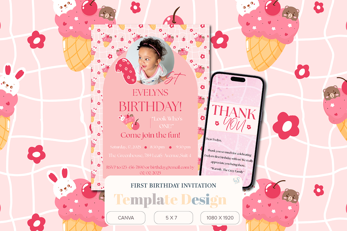 First Birthday Invite Canva Template, an Invitation Template by Little Creative Scribbles (Photo 1 of 6)