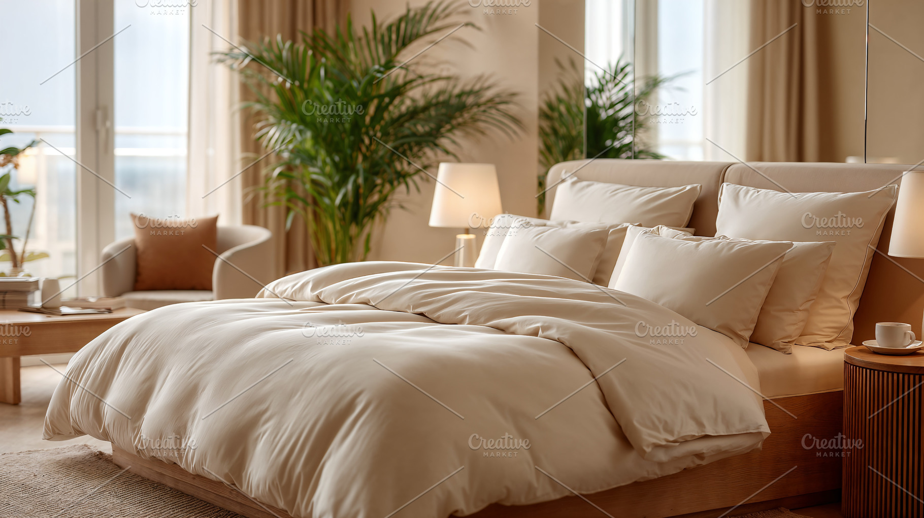 Elegant hotel room with cozy decor and serene atmosphere, a Holiday Photo by OSORIOartist