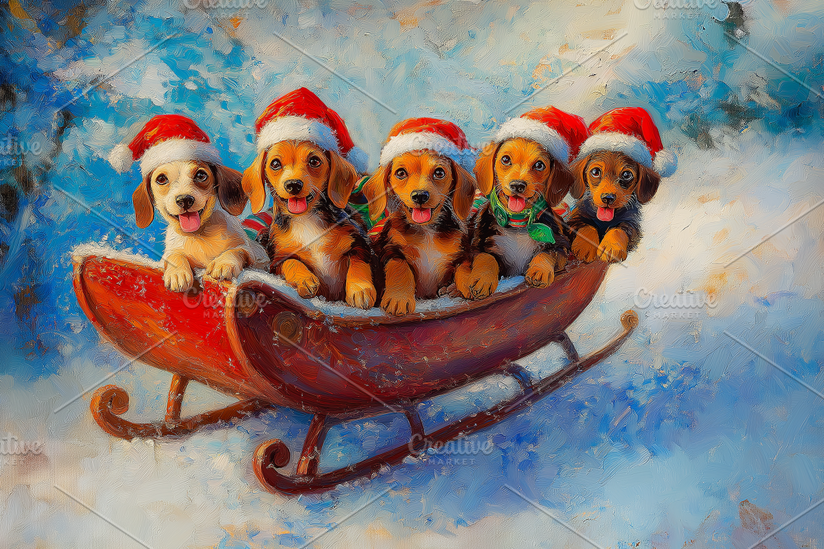 Beagle Puppies Sleigh Holiday Art, an Animal Illustration by Art Paradise Studios