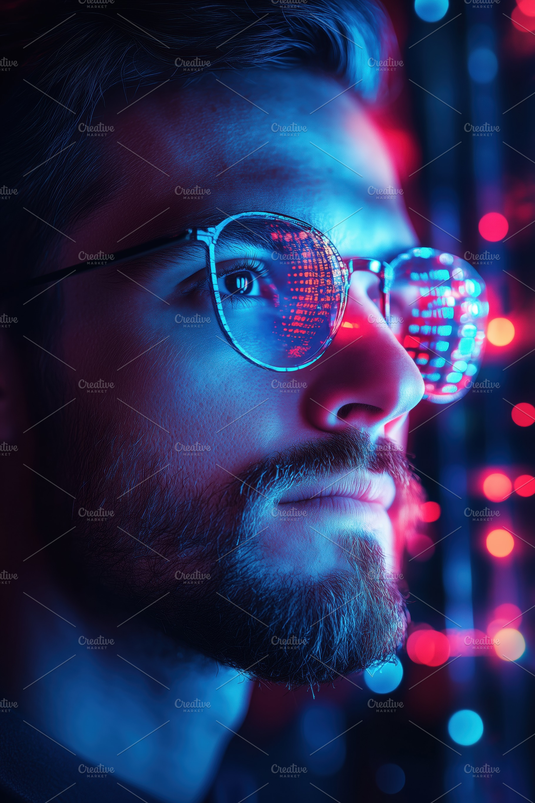 A close-up portrait of a man profiler with glasses reflecting colorful lights,, a Person Photo by Textures & Backgrounds