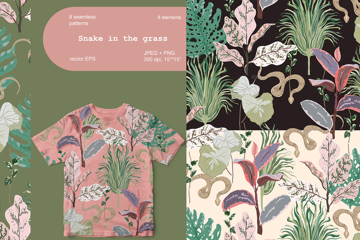 Snake in grass seamless+ clipart set, a Texture Graphic by PatternsBlooming (Photo 2 of 7)