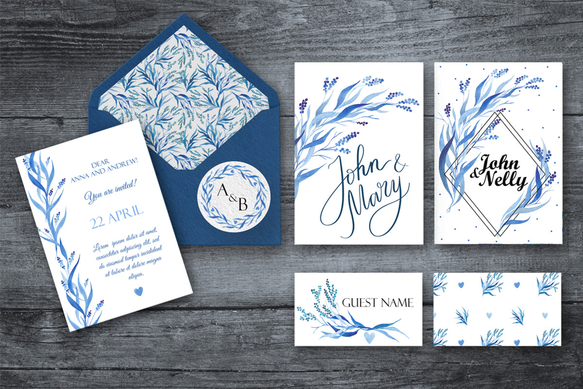 Watercolor design set in blue tones, an Illustration by Yashroom (Photo 2 of 5)