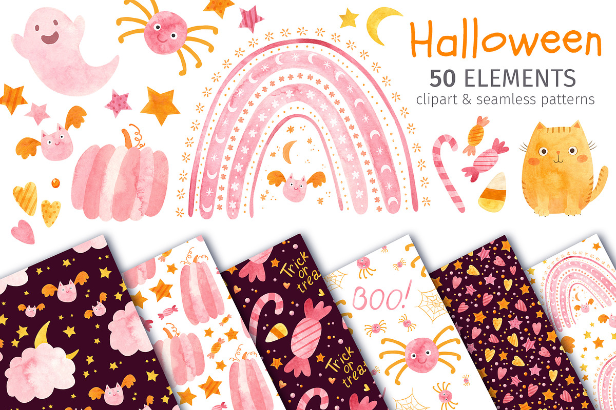 Pink Halloween Clipart & Patterns, a Decorative Illustration by Valin Malin (Photo 1 of 14)