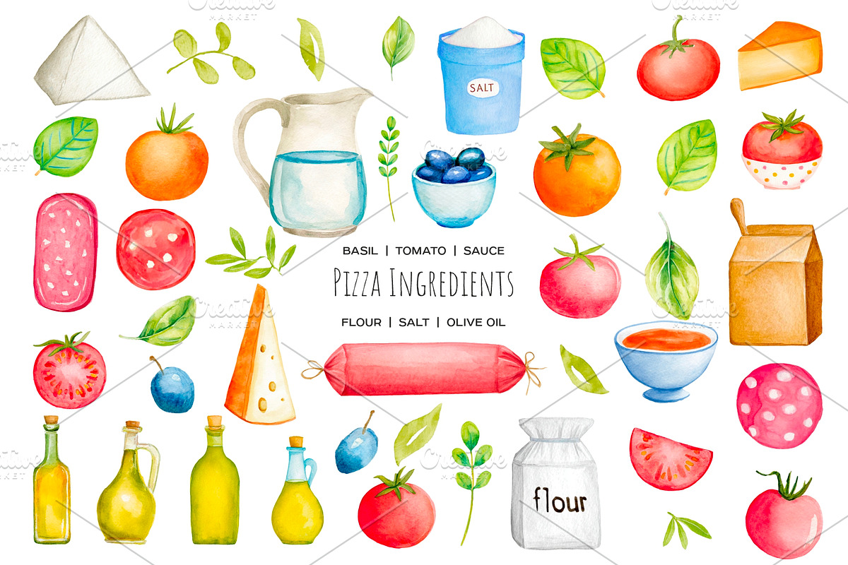 Watercolor Let`s make a pizza set, a Food Illustration by Art and Funny (Photo 2 of 6)
