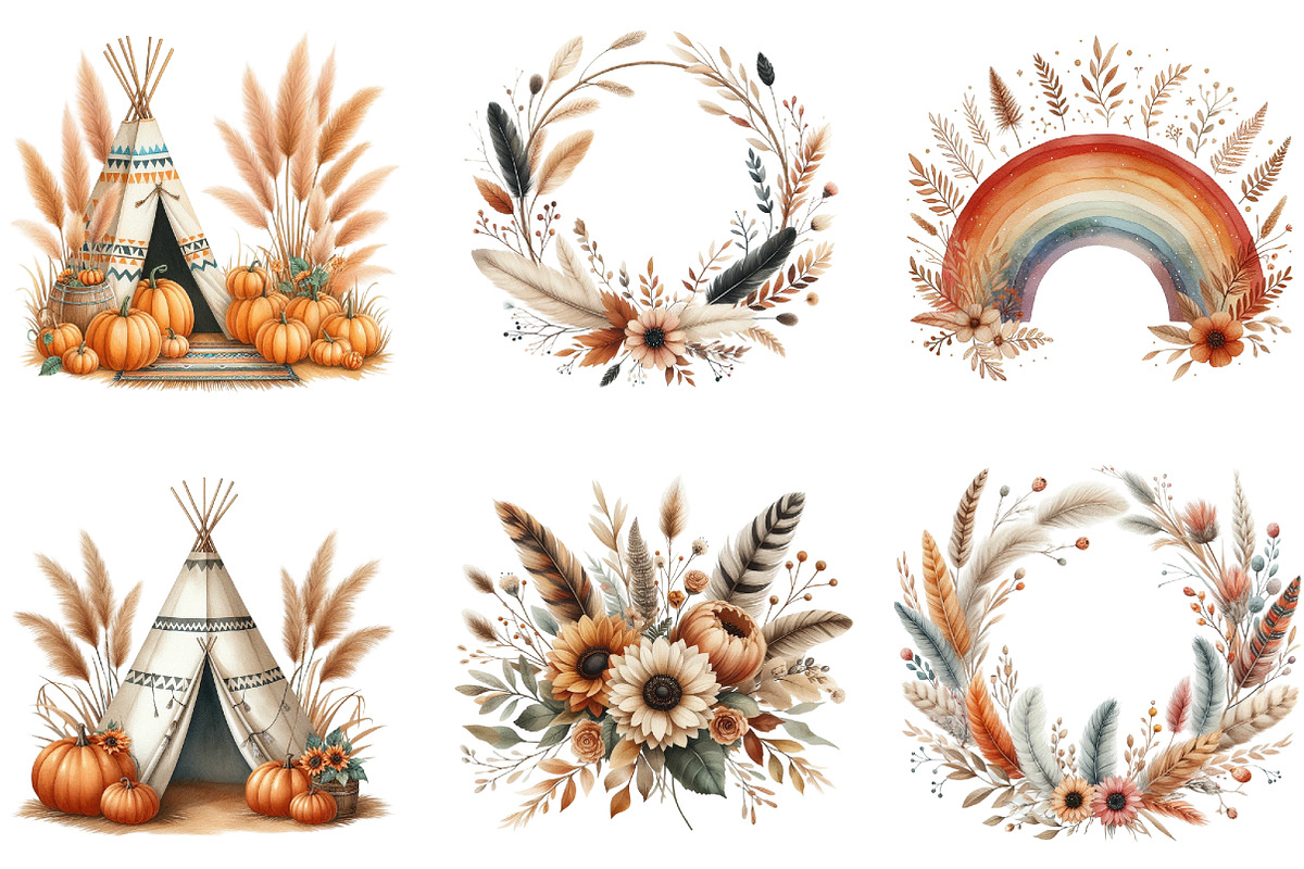 Watercolor Autumn Boho Clipart, an Illustration by DreamArtGraphic (Photo 7 of 7)
