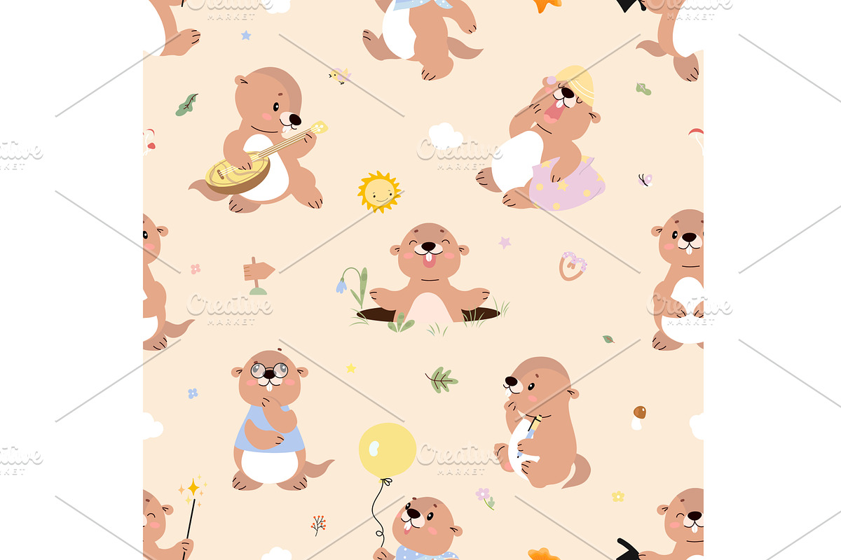 Groundhogs seamless pattern. Cartoon, an Animal Illustration by Valerie Bodnar