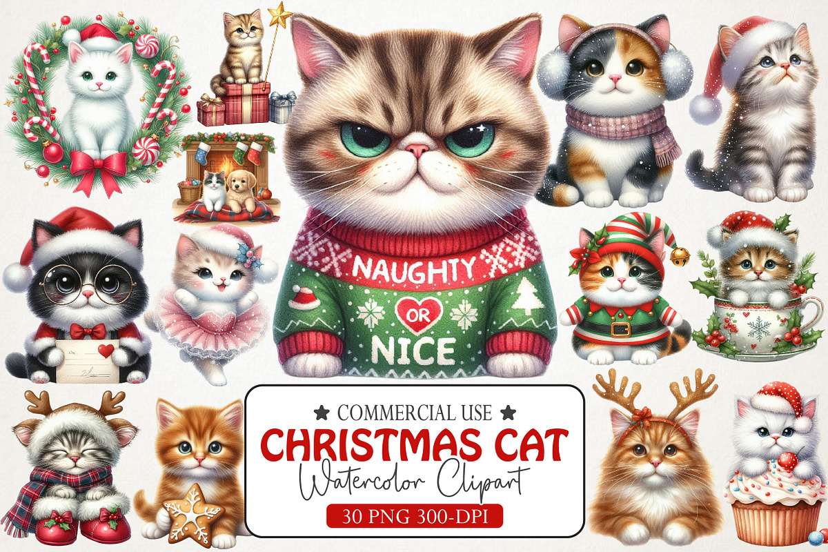 Christmas Cute Cat Sublimation Clipa, an Illustration by RobertsArt (Photo 1 of 7)