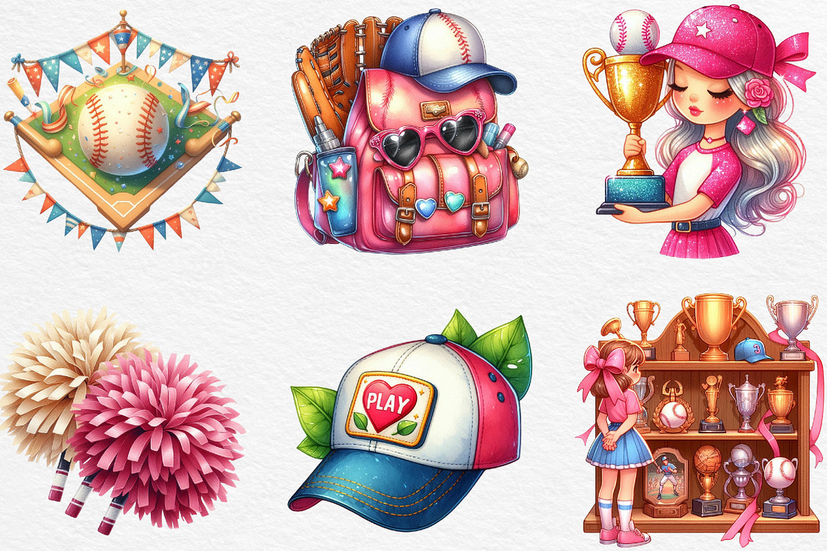 Retro Girly Baseball Clipart Sublima, an Illustration by Black Bird Studio (Photo 2 of 6)