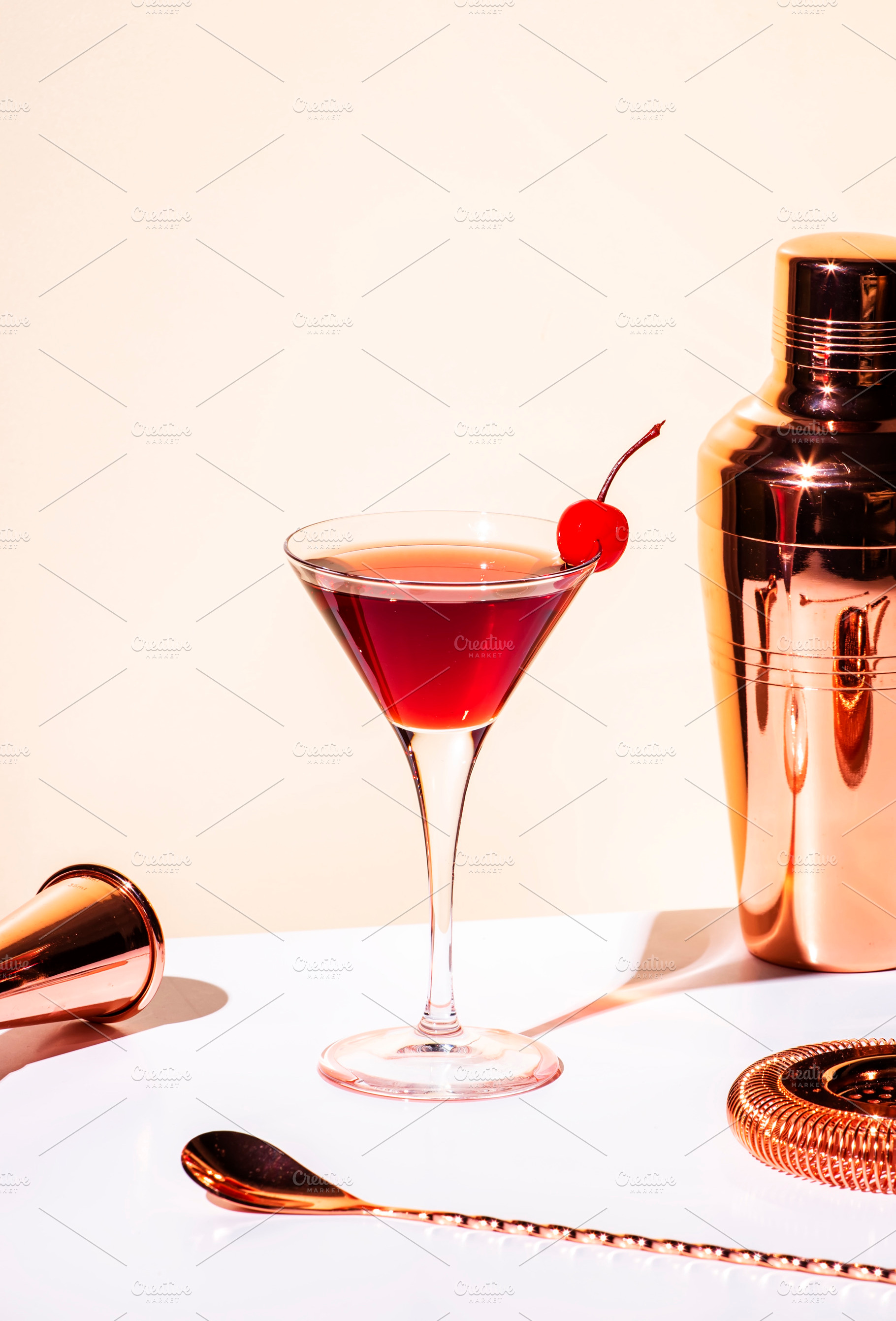 Black Manhattan alcoholic cocktail with whiskey and red vermouth, a Food & Drink Photo by 5PH