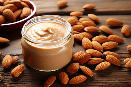 Glass jar of almond butter on wooden background, a Food & Drink Photo by AlyaAnd