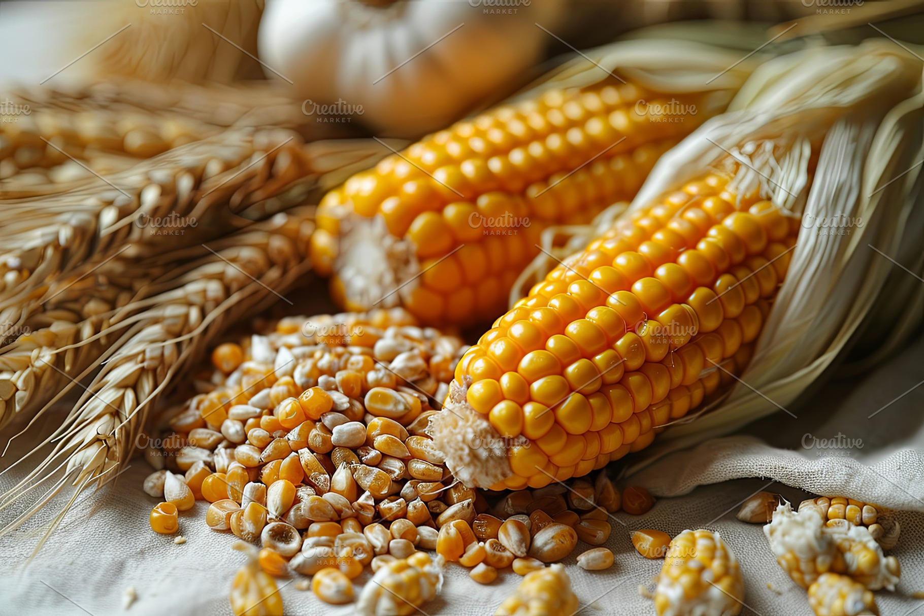 Close up of fresh corn groats and se, a Food & Drink Photo by Pixeness