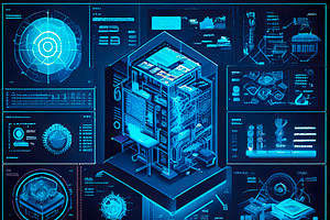 Futuristic blueprint-like interface filled with data, schematics, a Technology Illustration by DanFLCreativo