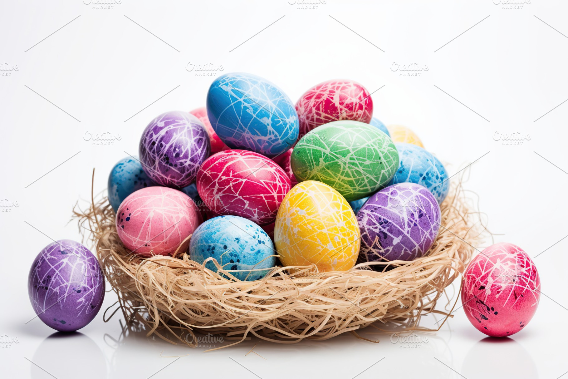 Basket with colorful easter eggs isolated on white background, a Holiday Photo by AlyaAnd