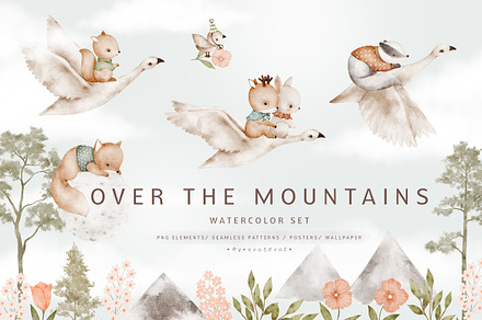 OVER THE MOUNTAINS watercolor set, an Animal Illustration by erasovas