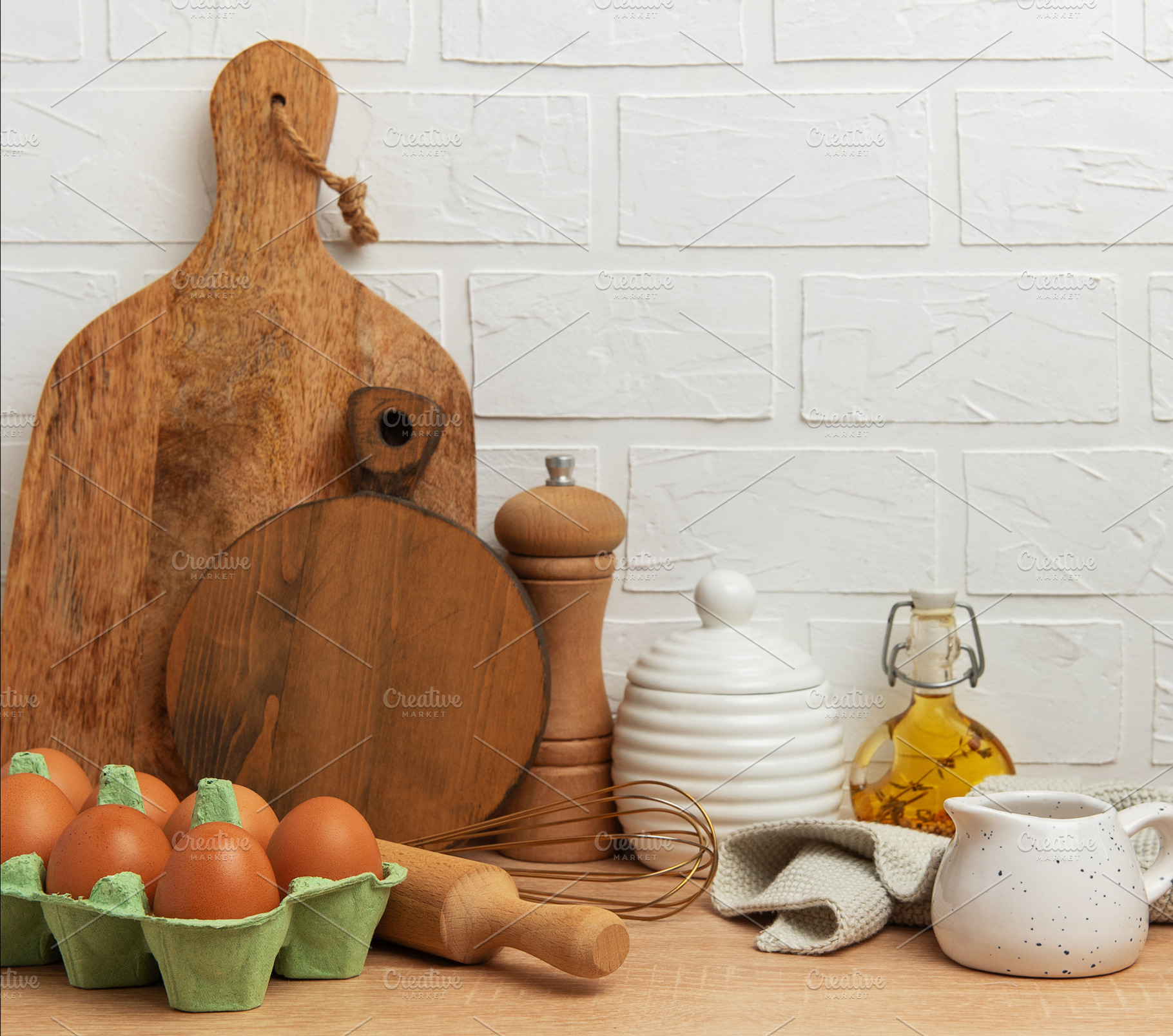 Kitchen utensils and food ingredients creating cozy culinary sce, a Food & Drink Photo by Olena Rudo