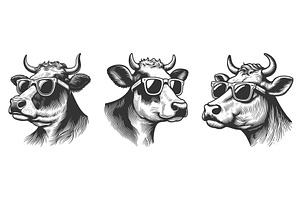 Cow in sunglasses engraving set, an Animal Illustration by AlexArt