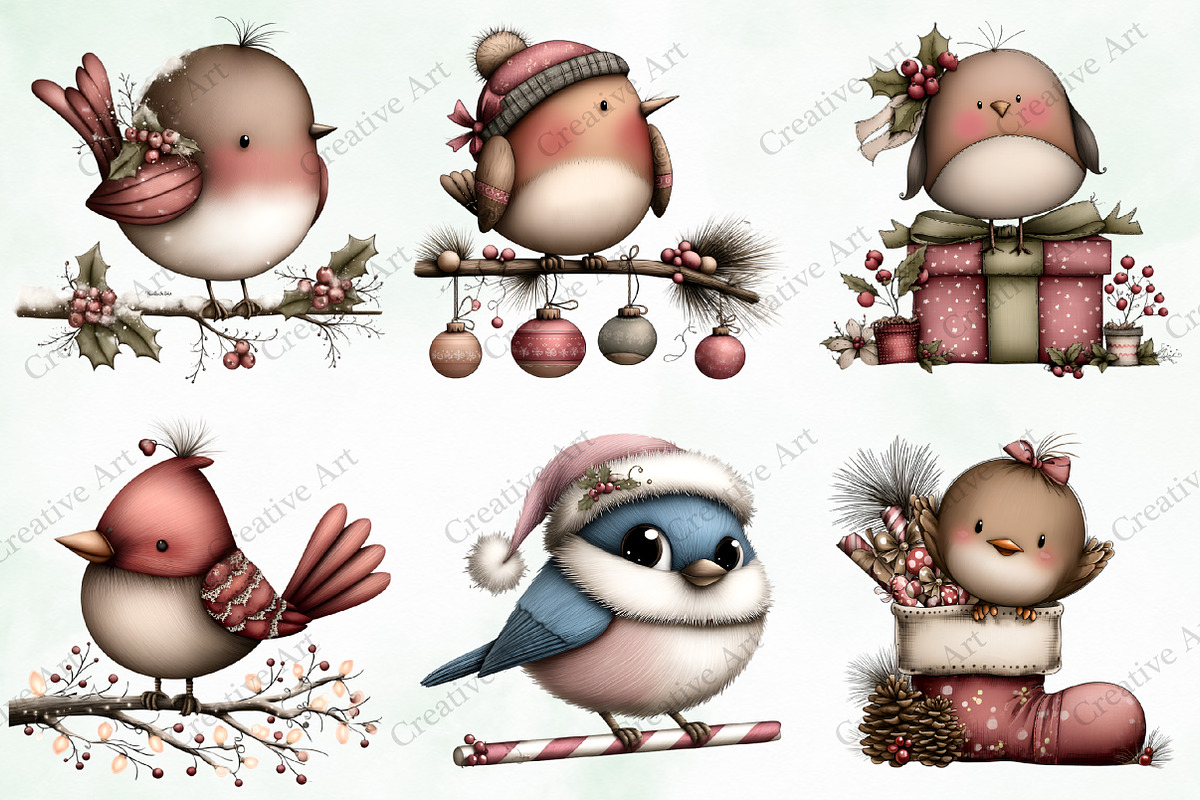 Watercolor Christmas Birds Clipart, an Illustration by Creative Art (Photo 6 of 9)