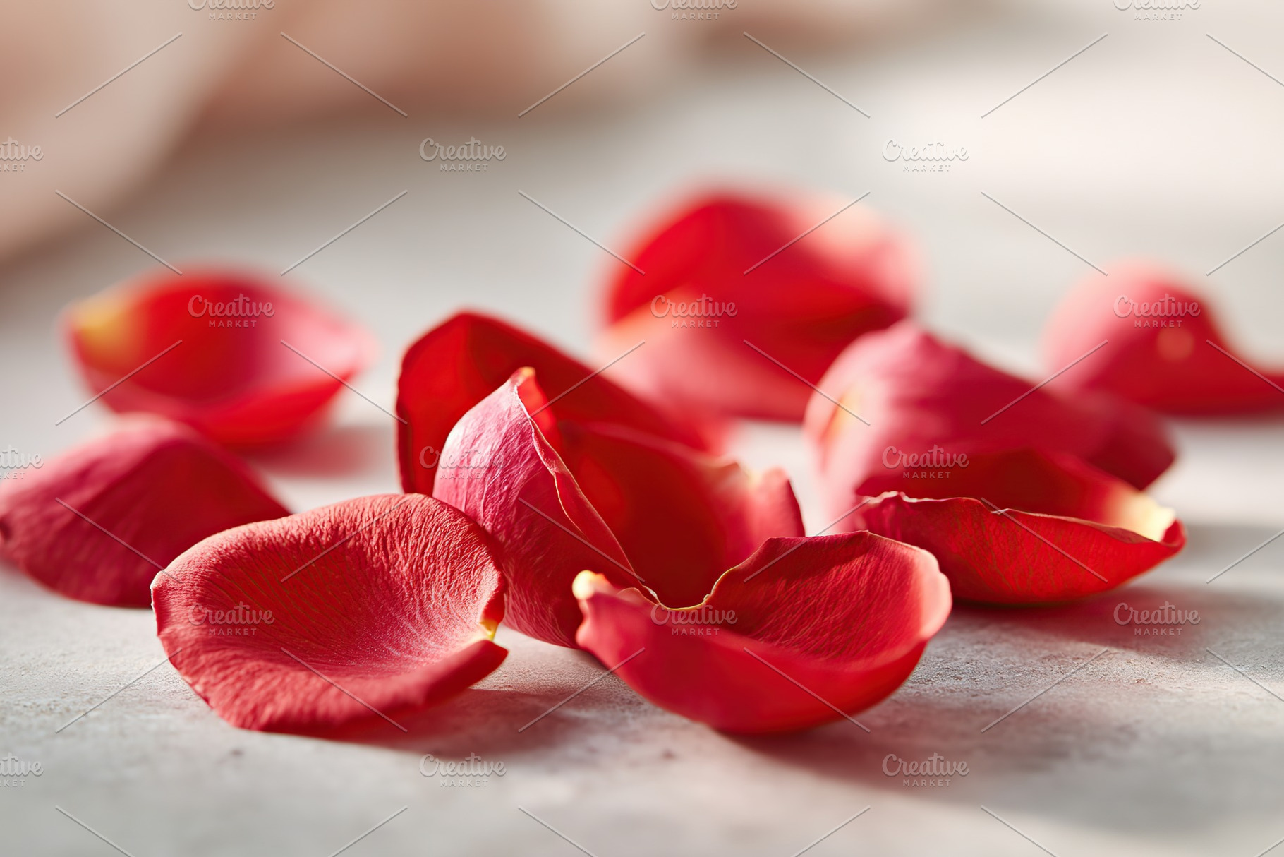 Fresh red rose petals scattered elegantly on a neutral surface capture a serene, a Nature Photo by AlyaAnd