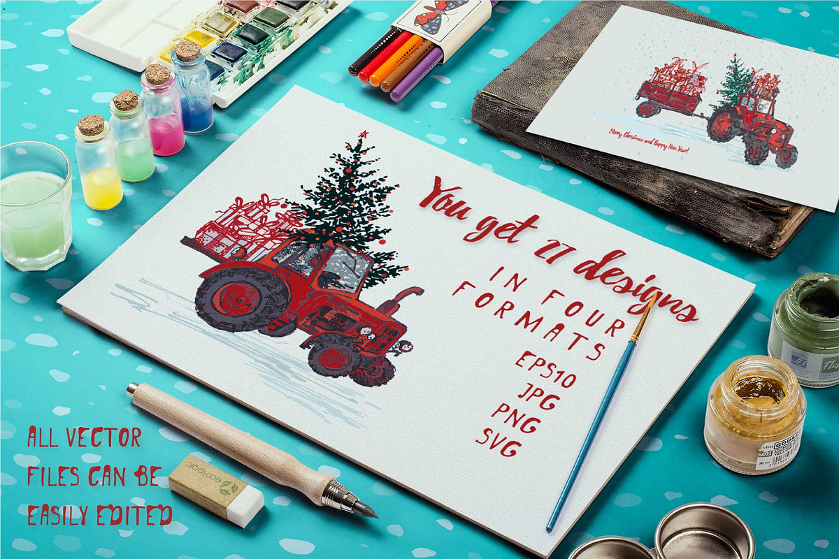 Set of Hand drawn Christmas tractors, a Decorative Illustration by Zimages (Photo 2 of 7)
