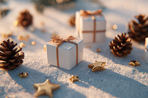 Festive holiday gifts with pine cones and stars, a Holiday Photo by AlyaAnd