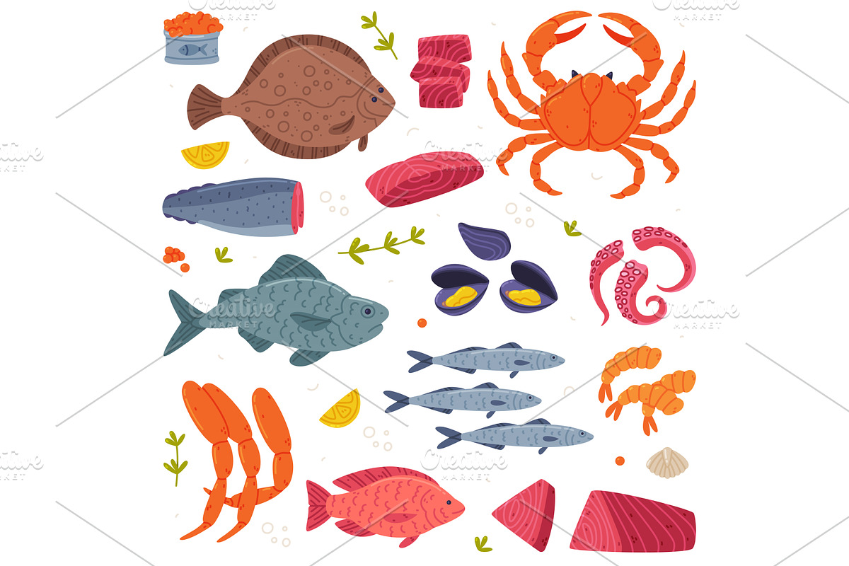 Seafood with Fish, Crustacean and, a Food Illustration by TopVectors