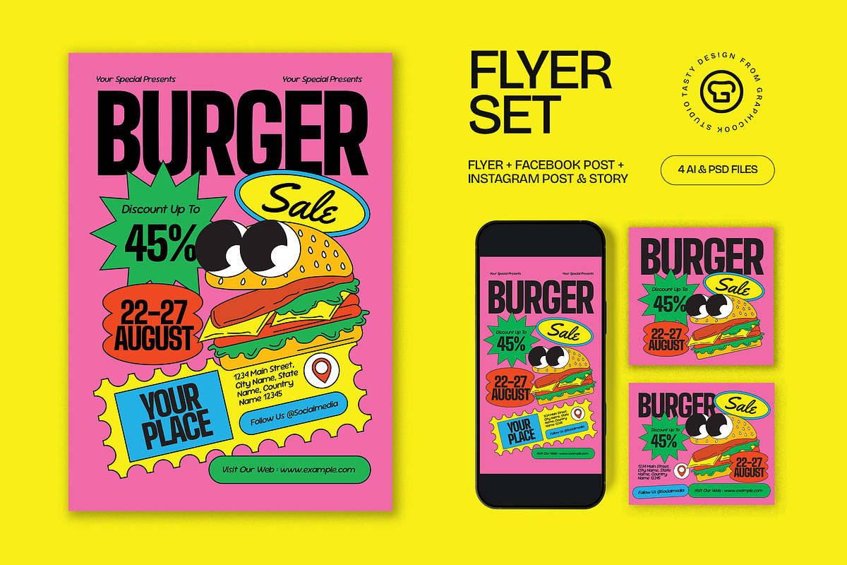 Pink Quirky Burger Sale Flyer Set, a Flyer Template by graphicook (Photo 1 of 3)