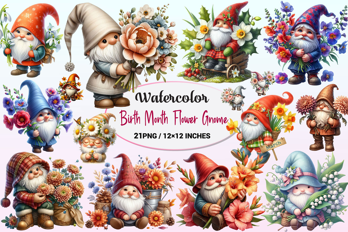 Watercolor Birth Month Flower Gnome., a Graphic by CitraGraphics (Photo 1 of 4)