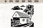 Stencil Cottage Country Landscape, a Decorative Illustration by MARYCRAFTIRIA (Thumbnail 1 of 3)