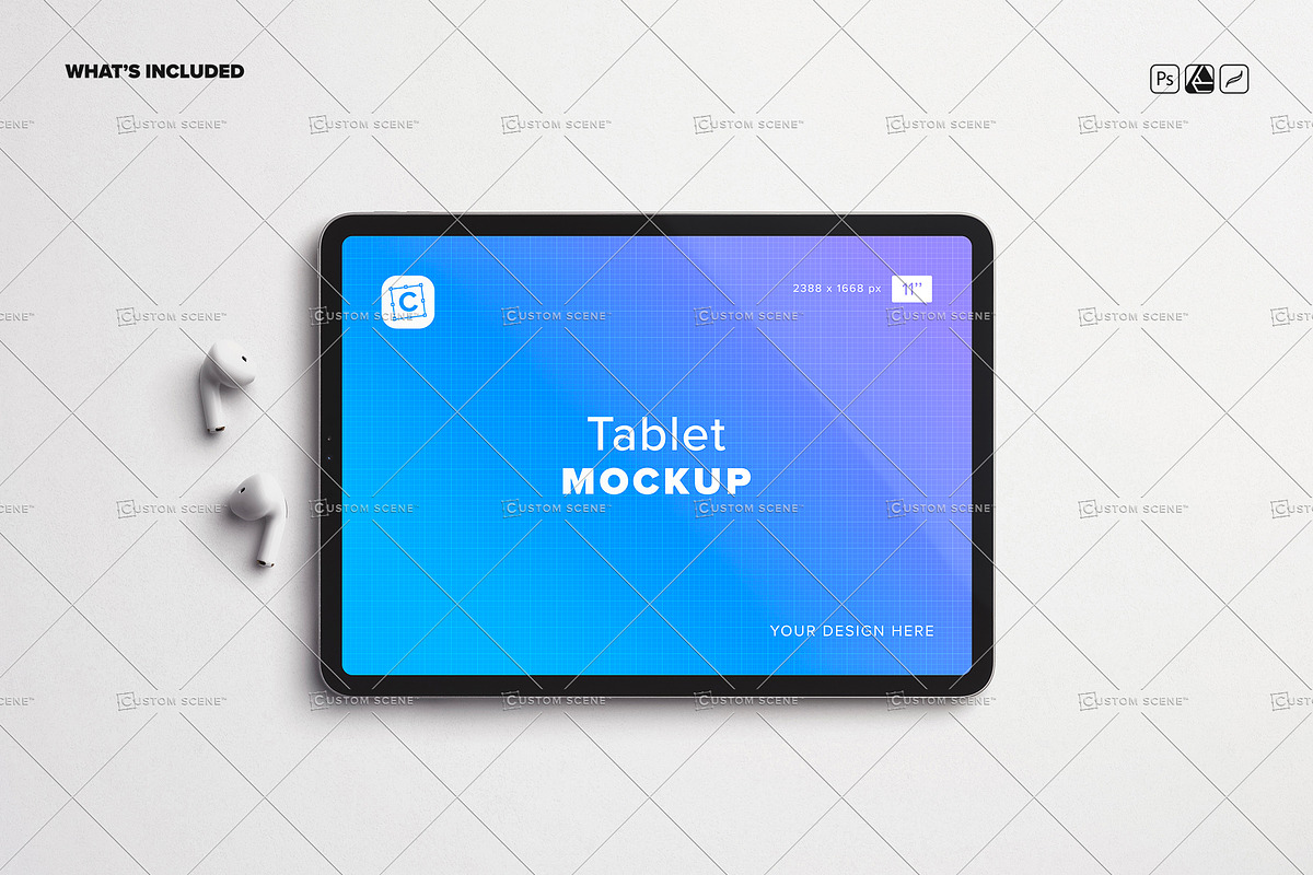 iPad Mockup (11inch) with Earphones, a Product Mockup by Custom Scene (Photo 8 of 8)