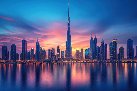 Skyline at dusk: Tall skyscrapers re, a Background Photo by Pixeness