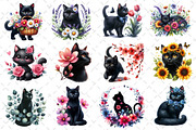 Watercolor Floral Black Cat Clipart, an Illustration by Dream Creation (Thumbnail 2 of 5)