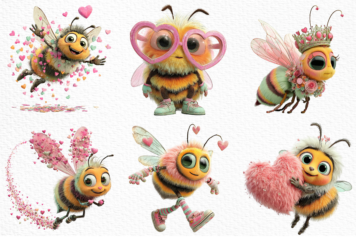 Whimsical Valentine Bee Clipart, an Illustration by Craft Nest (Photo 3 of 10)