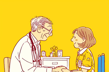Caring nurse holding hands with smiling mature patient in clinic, an Illustration by AS photostudio