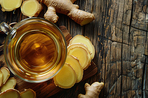 Glass cup of ginger tea with sliced ginger root on wooden table, a Food & Drink Photo by AlyaAnd
