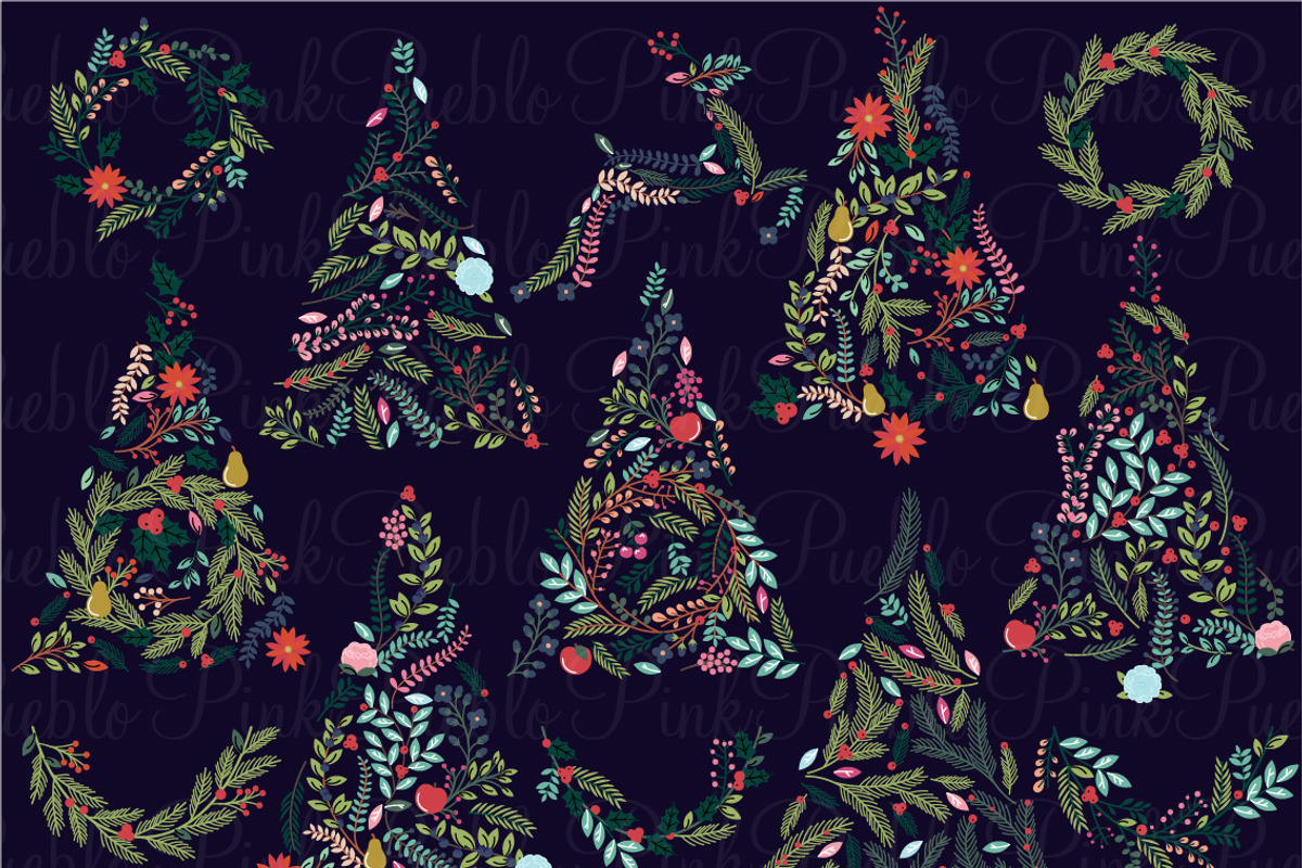 Floral Christmas Trees & Bunting, a Decorative Illustration by PinkPueblo (Photo 2 of 2)