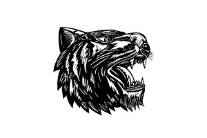 Growling Tiger Woodcut Black And Whi