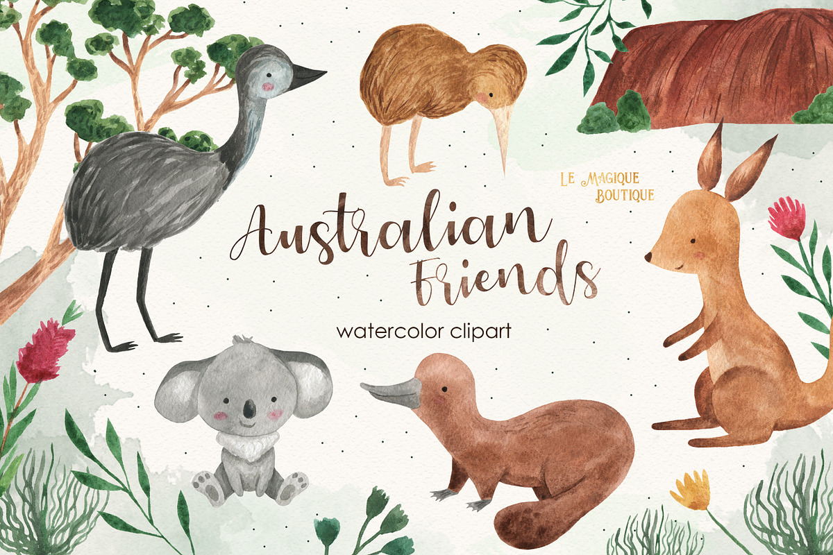 Australian Friends Watercolor Set, an Animal Illustration by LeMagiqueBoutique (Photo 1 of 5)