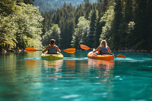 Friends kayaking on clear blue lake, a Sports & Recreation Photo by MistyDay