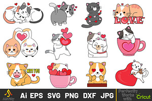 Funny Kawaii Romantic Cats Cliparts