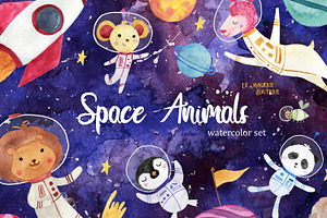 Space Animals Watercolor Clipart