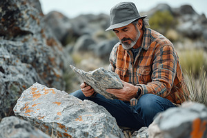 A lithologist man in a plaid shirt and hat examines a rock while sitting on the, a Person Photo by Textures & Backgrounds