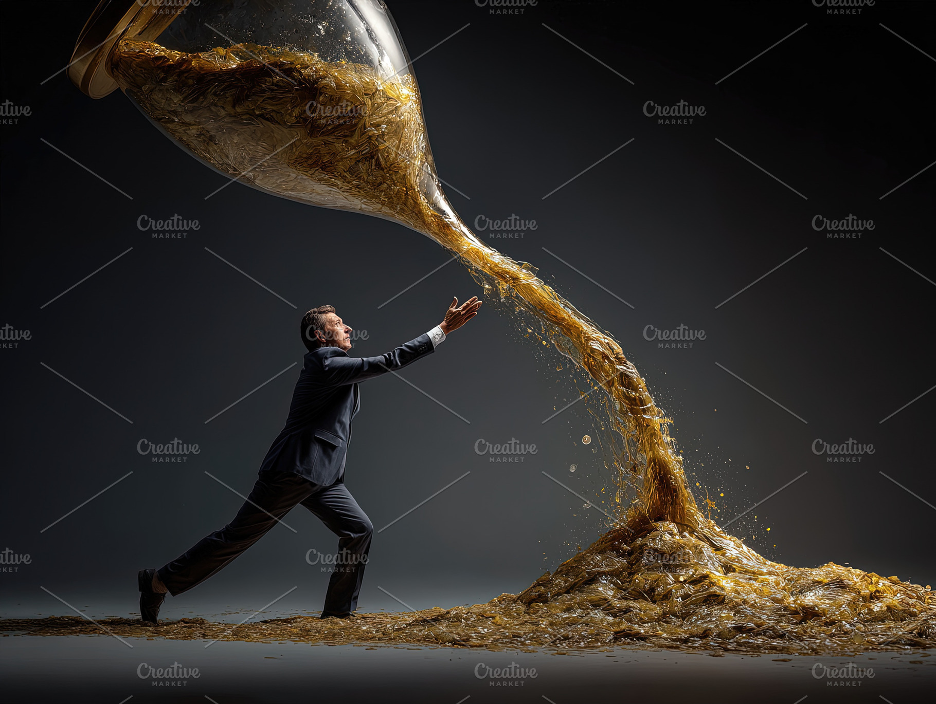 Determined businessman in suit pushing against a giant hourglass, an Abstract Photo by Ales Munt