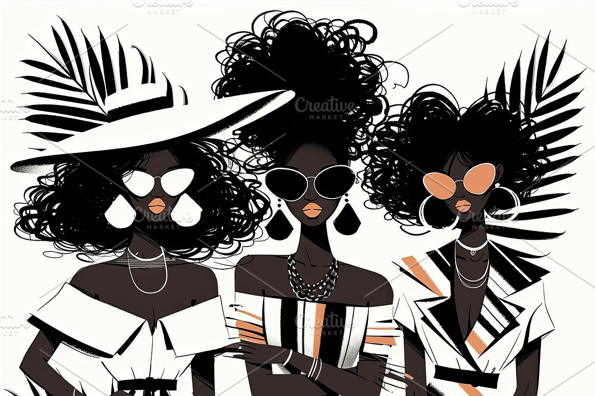 Stylish women posing in elegant fashion with bold stripes and sunglasses, an Illustration by AS photostudio