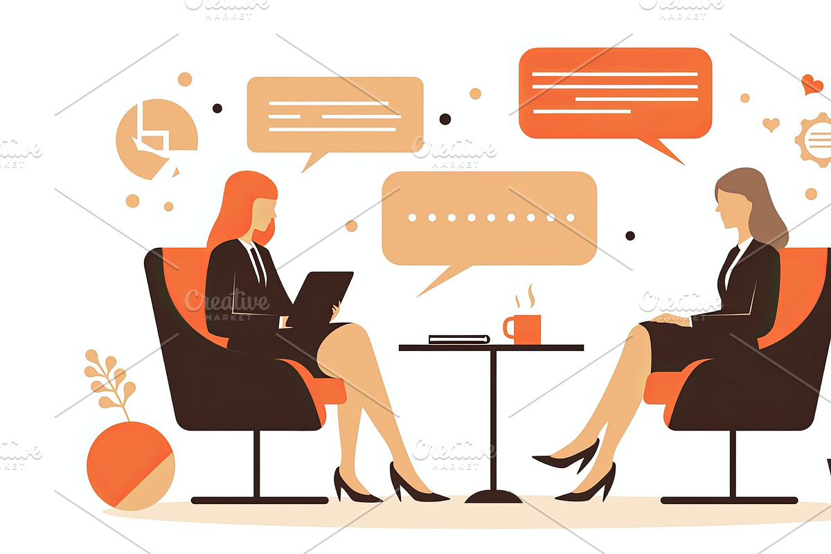 Two professionals having a discussion at a modern workspace with speech bubbles, an Illustration by AS photostudio
