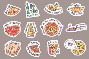 Doodle pizza stickers. Bacon, a Food Illustration by winwin.art