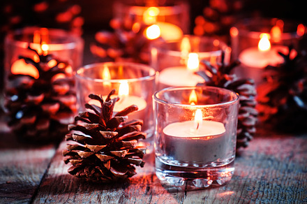Christmas card with glowing candle featuring pine, bokeh, and closeup, a Holiday Photo by 5PH