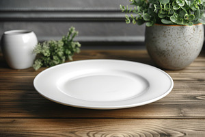 A clean, white plate sits on a rustic wooden table, complemented by greenery in, a Business Photo by ImageMir