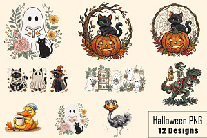 Halloween Cat Ghost Pumpkin Designs, a Seasonal Illustration by crative8112